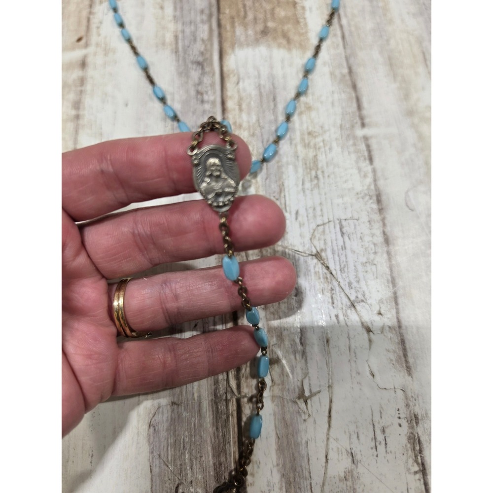 Vintage Catholic Rosary Light Blue Oval Beads Ornate Crucifix 21 Inch Necklace - Picture 4 of 8
